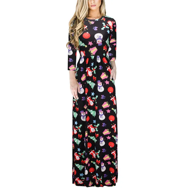 Christmas Floral Print Half Sleeve Tunic Long Maxi Dress