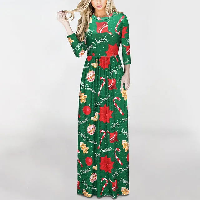 Christmas Floral Print Half Sleeve Tunic Long Maxi Dress