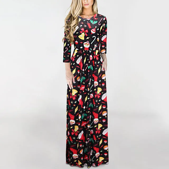 Christmas Floral Print Half Sleeve Tunic Long Maxi Dress