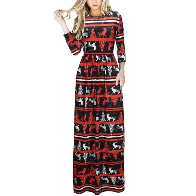 Christmas Floral Print Half Sleeve Tunic Long Maxi Dress