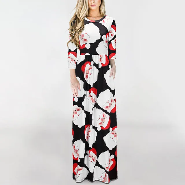 Christmas Floral Print Half Sleeve Tunic Long Maxi Dress