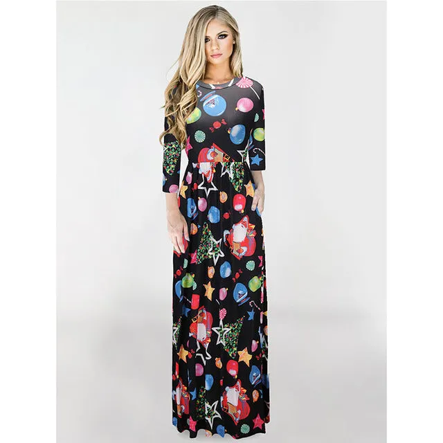 Christmas Floral Print Half Sleeve Tunic Long Maxi Dress