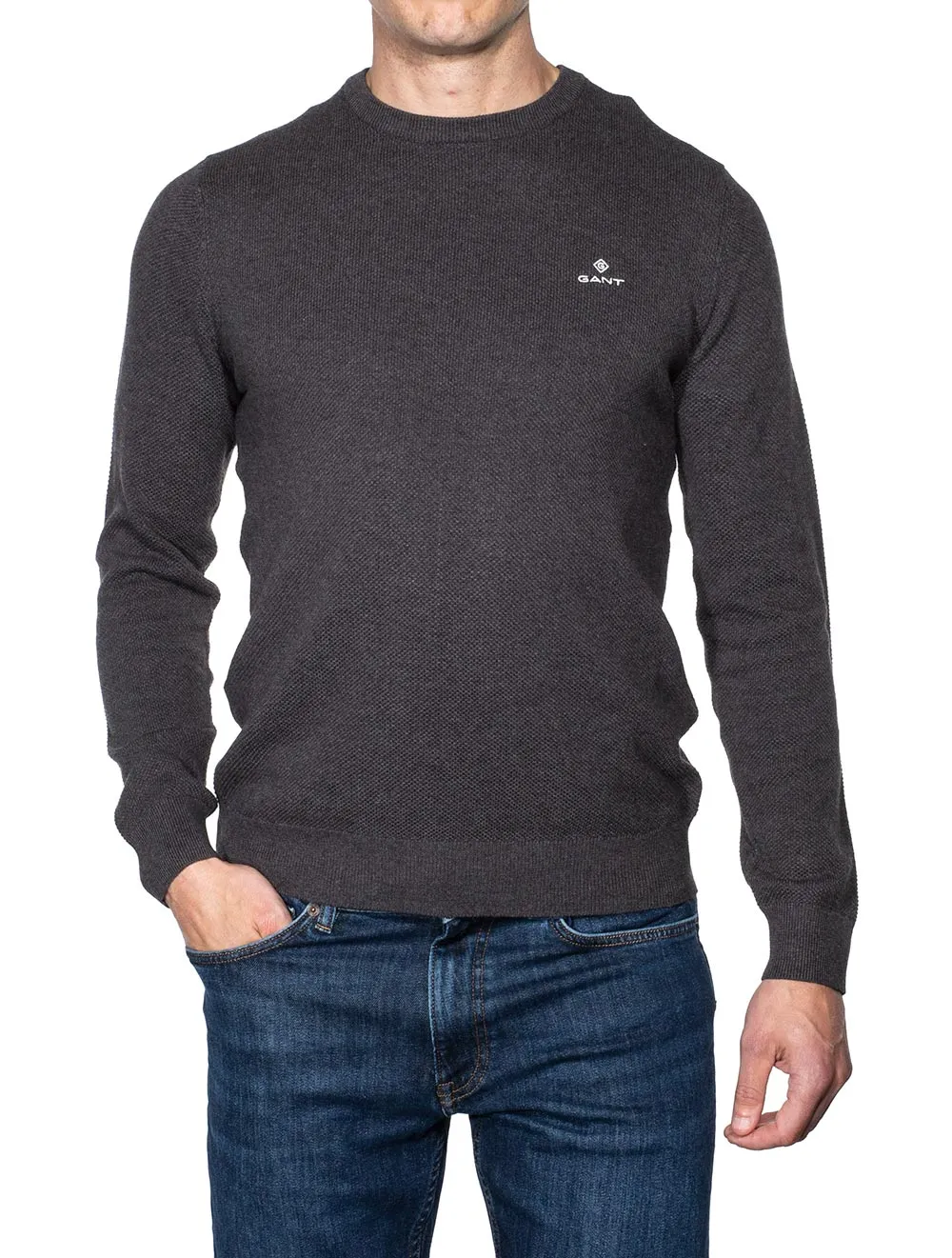 Cotton Piqué Crew Neck Sweater Antracite Melange