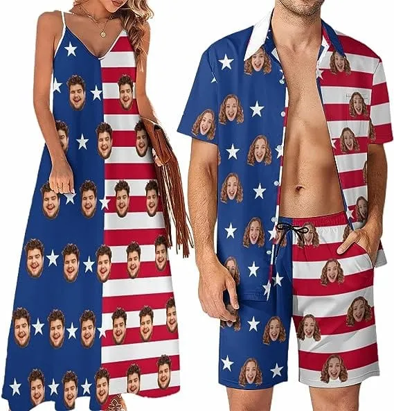 Couple Hawaiian Dress Set Cruise Outfit Custom Face American Flag Style Hawaiian Shirt Set&Dress