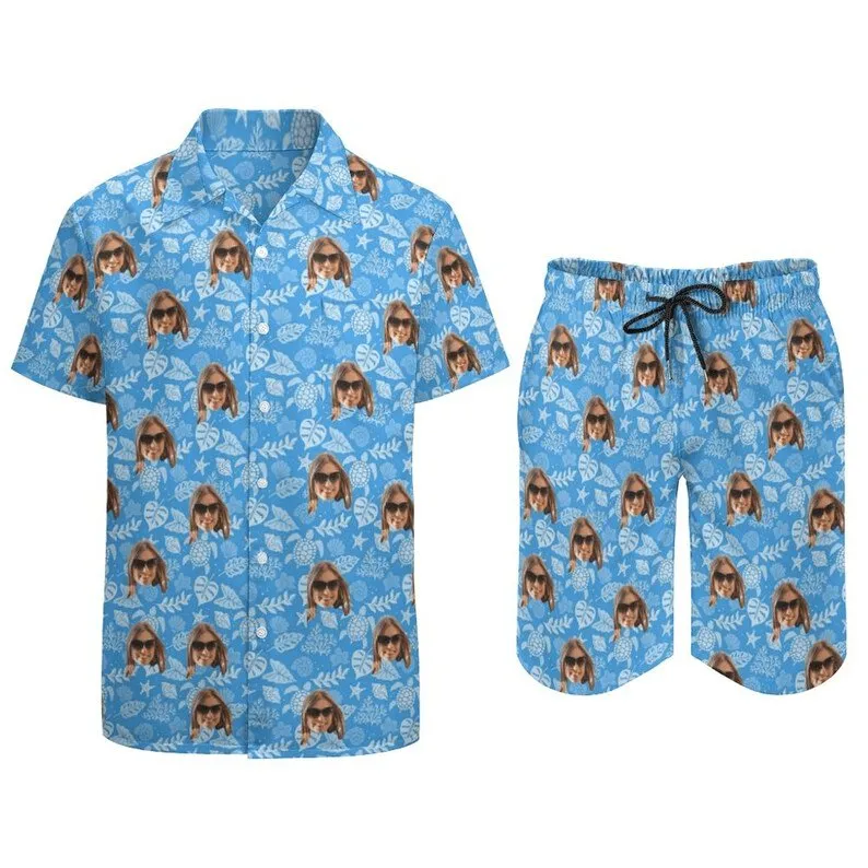 Couple Hawaiian Dress Set Cruise Outfit Custom Face Blue Ocean Hawaiian Shirt Set&Dress