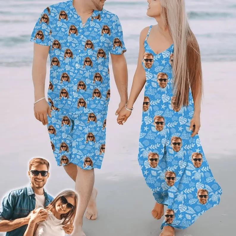 Couple Hawaiian Dress Set Cruise Outfit Custom Face Blue Ocean Hawaiian Shirt Set&Dress