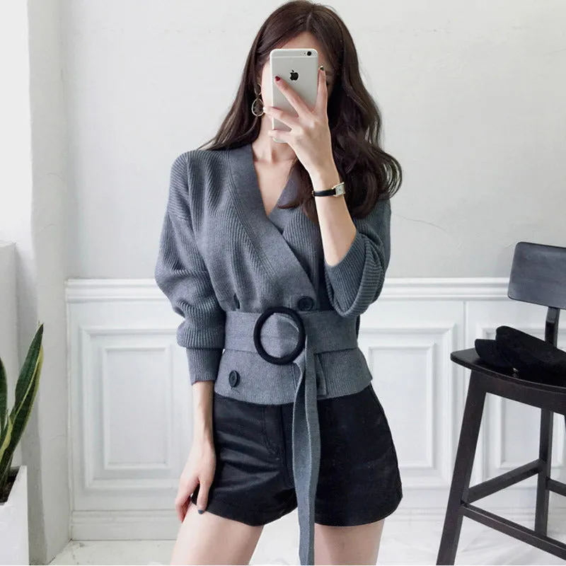 Cross-border women's clothing  winter new product Korean version temperament V-neck double-breasted short knitted cardigan sweater jacket women