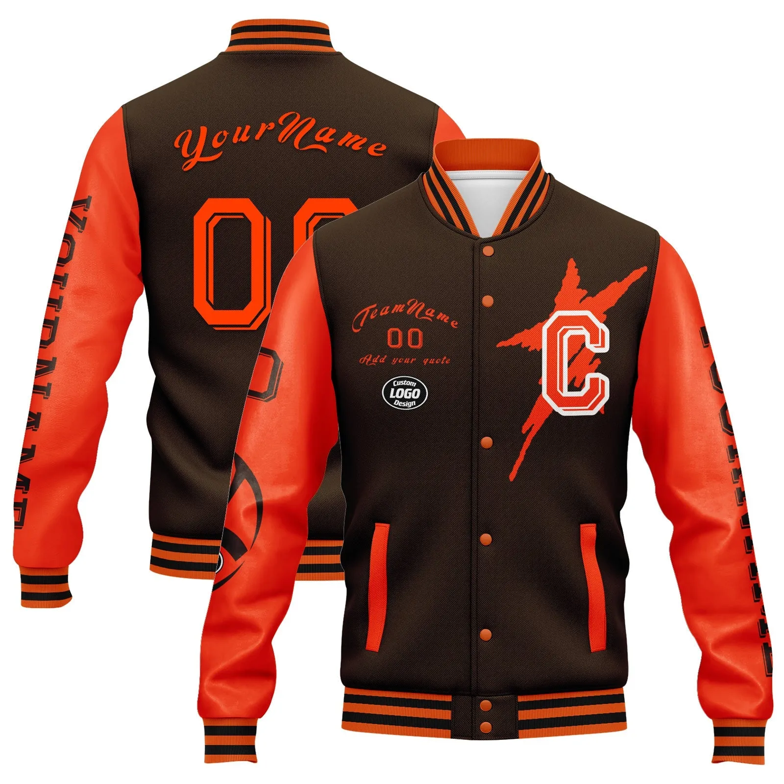 Custom Brown Orange Cleveland Jacket Bomber Full-Snap Varsity Letterman Personalized Jacket FZ005SX-D020290-8