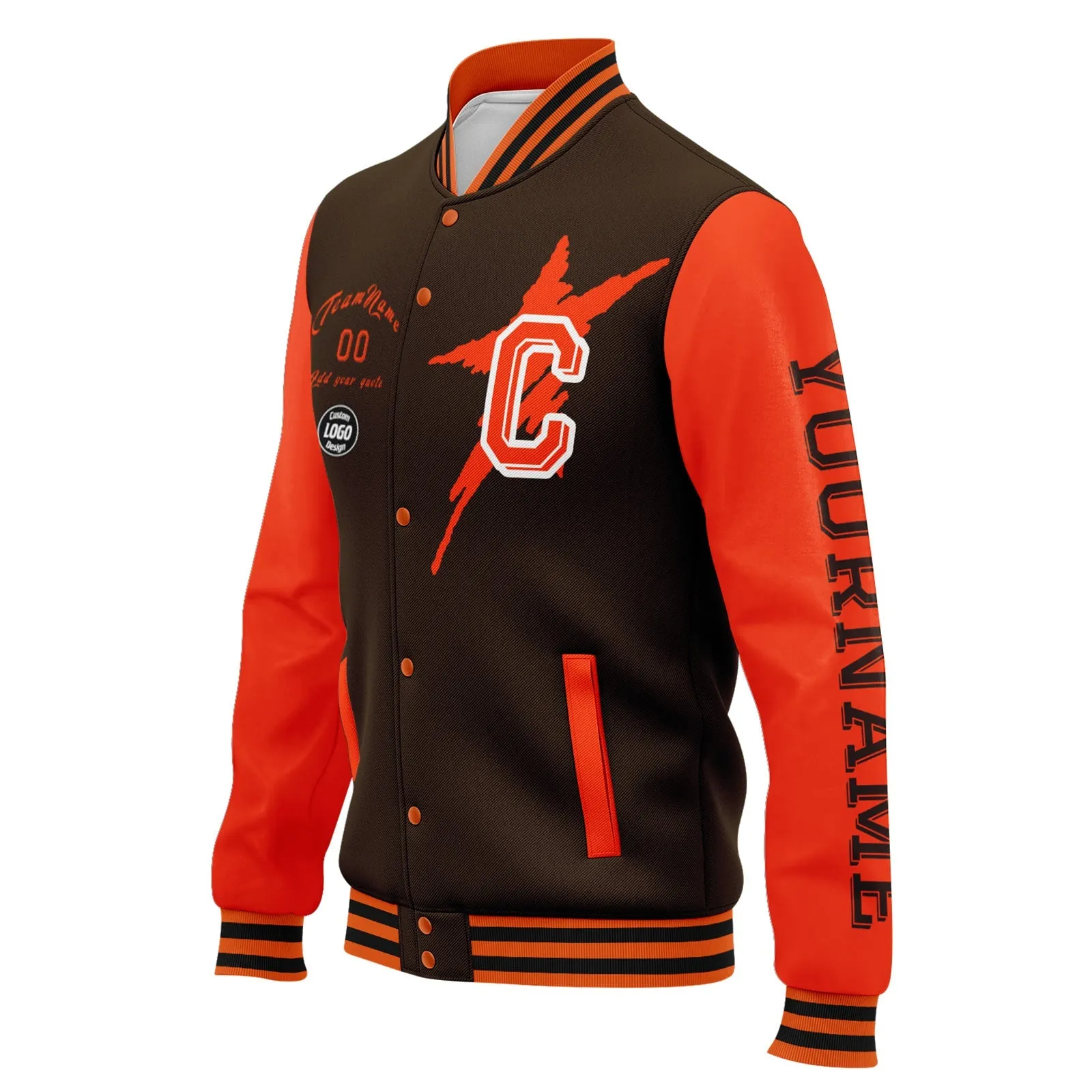 Custom Brown Orange Cleveland Jacket Bomber Full-Snap Varsity Letterman Personalized Jacket FZ005SX-D020290-8