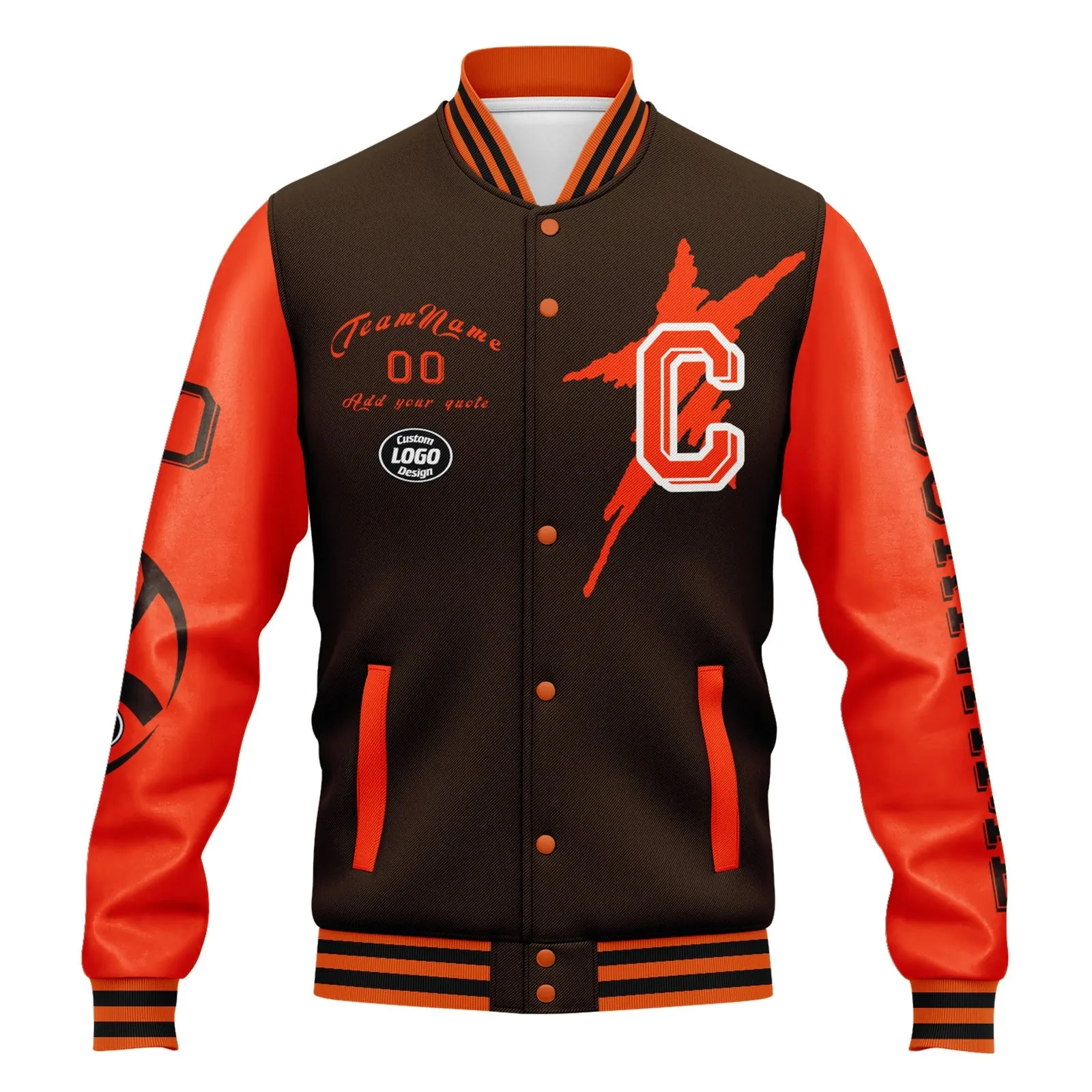 Custom Brown Orange Cleveland Jacket Bomber Full-Snap Varsity Letterman Personalized Jacket FZ005SX-D020290-8