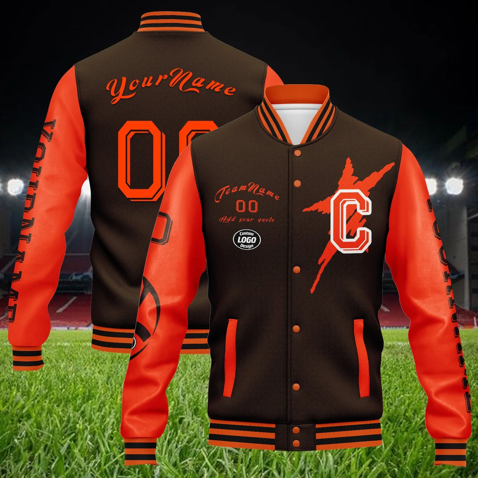 Custom Brown Orange Cleveland Jacket Bomber Full-Snap Varsity Letterman Personalized Jacket FZ005SX-D020290-8