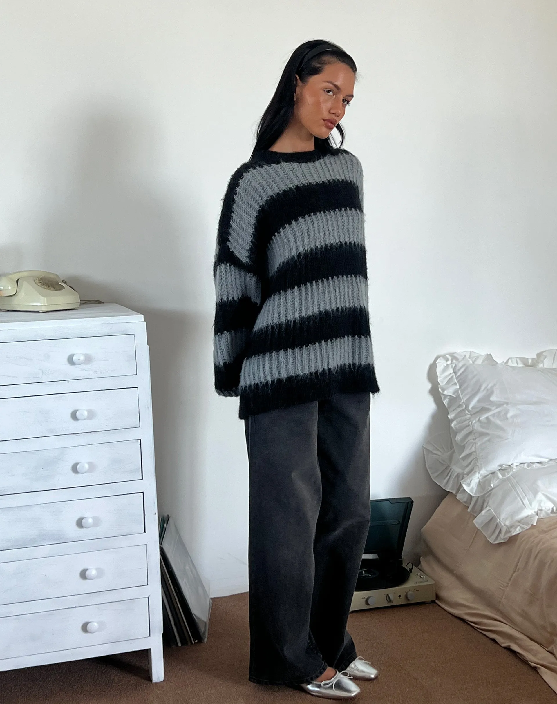 Daren Jumper in Grey and Charcoal Stripes