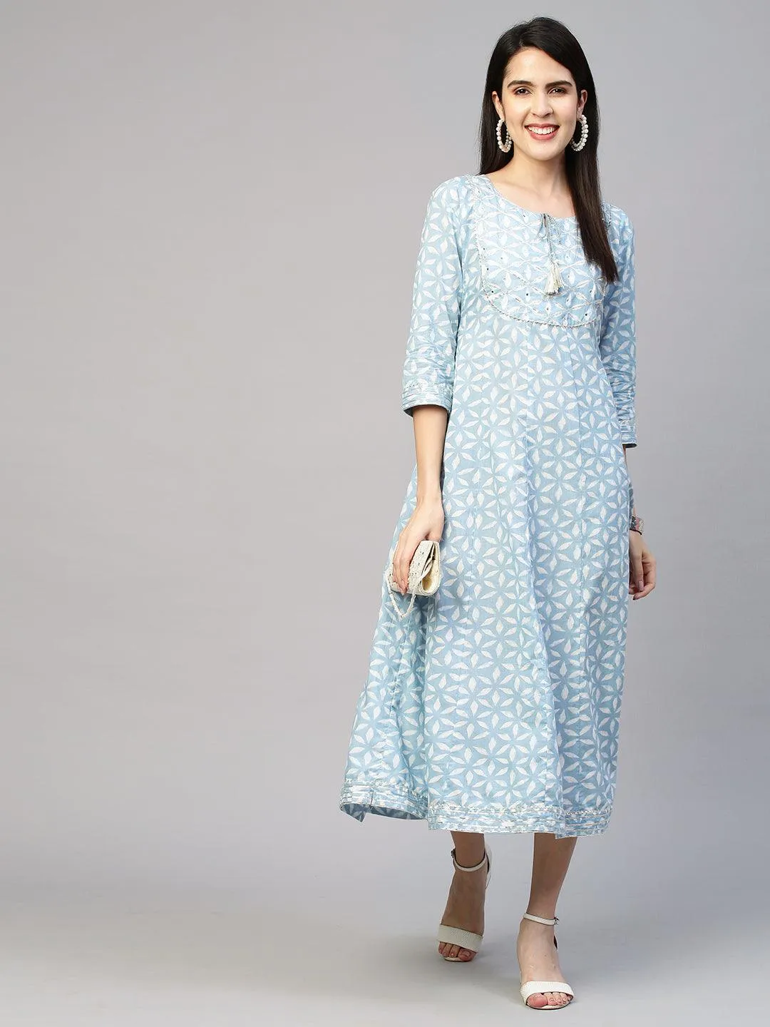 Dense Printed A-Line Dress - Powder Blue