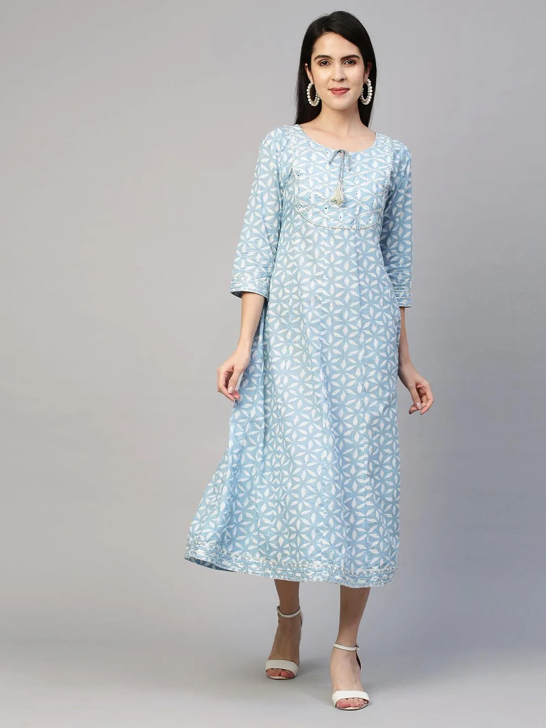 Dense Printed A-Line Dress - Powder Blue