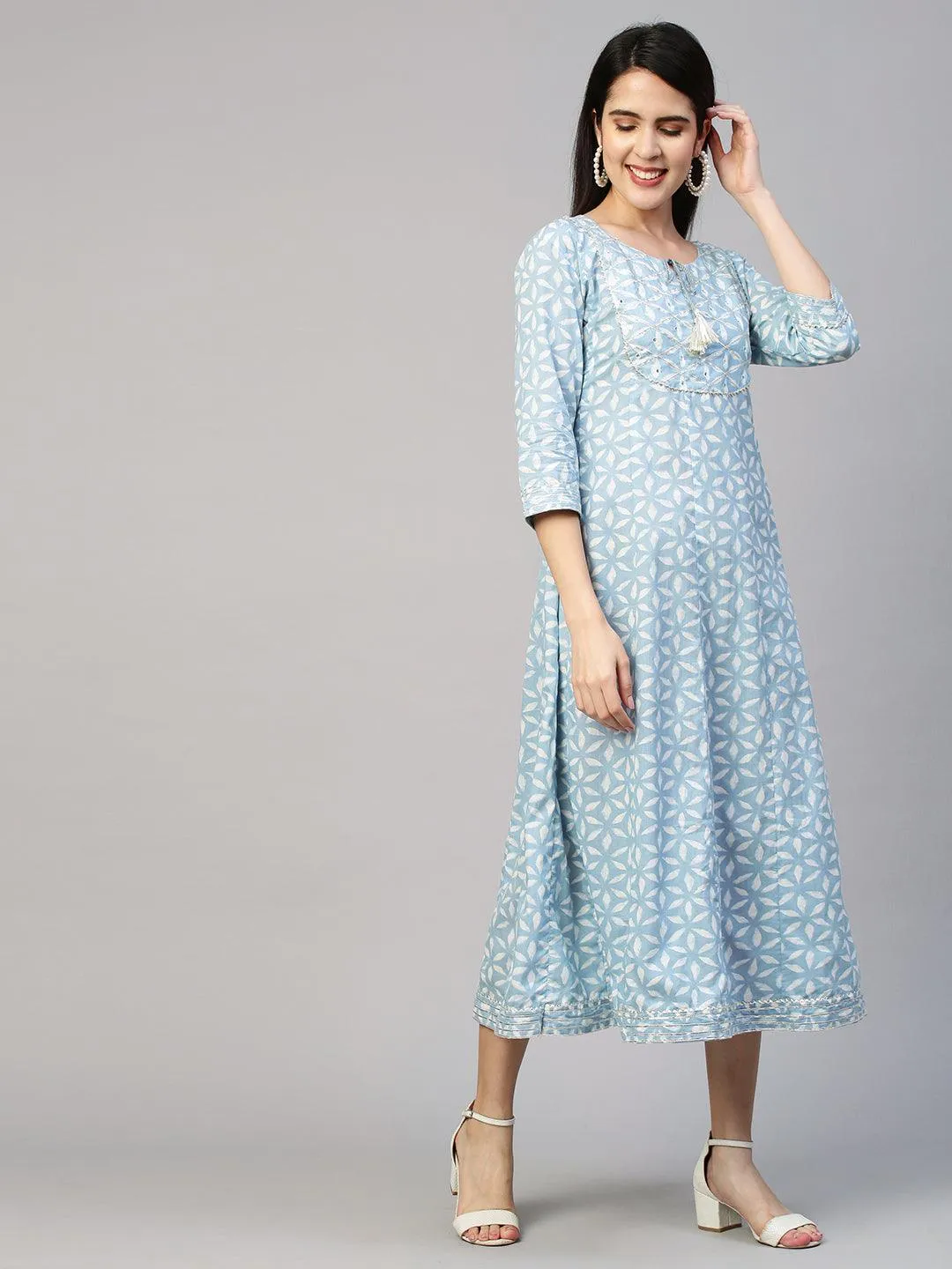 Dense Printed A-Line Dress - Powder Blue