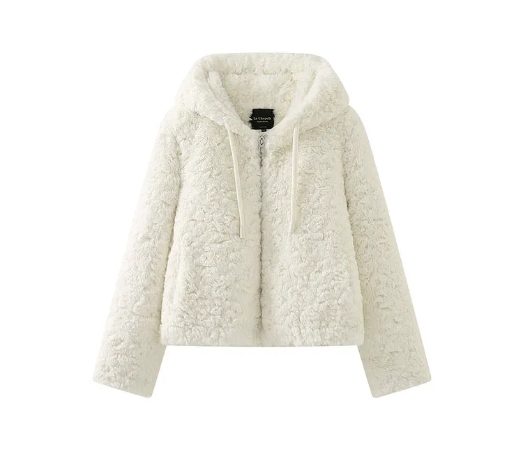 Drawstring hooded faux fur coat for women winter new thickened white jacket