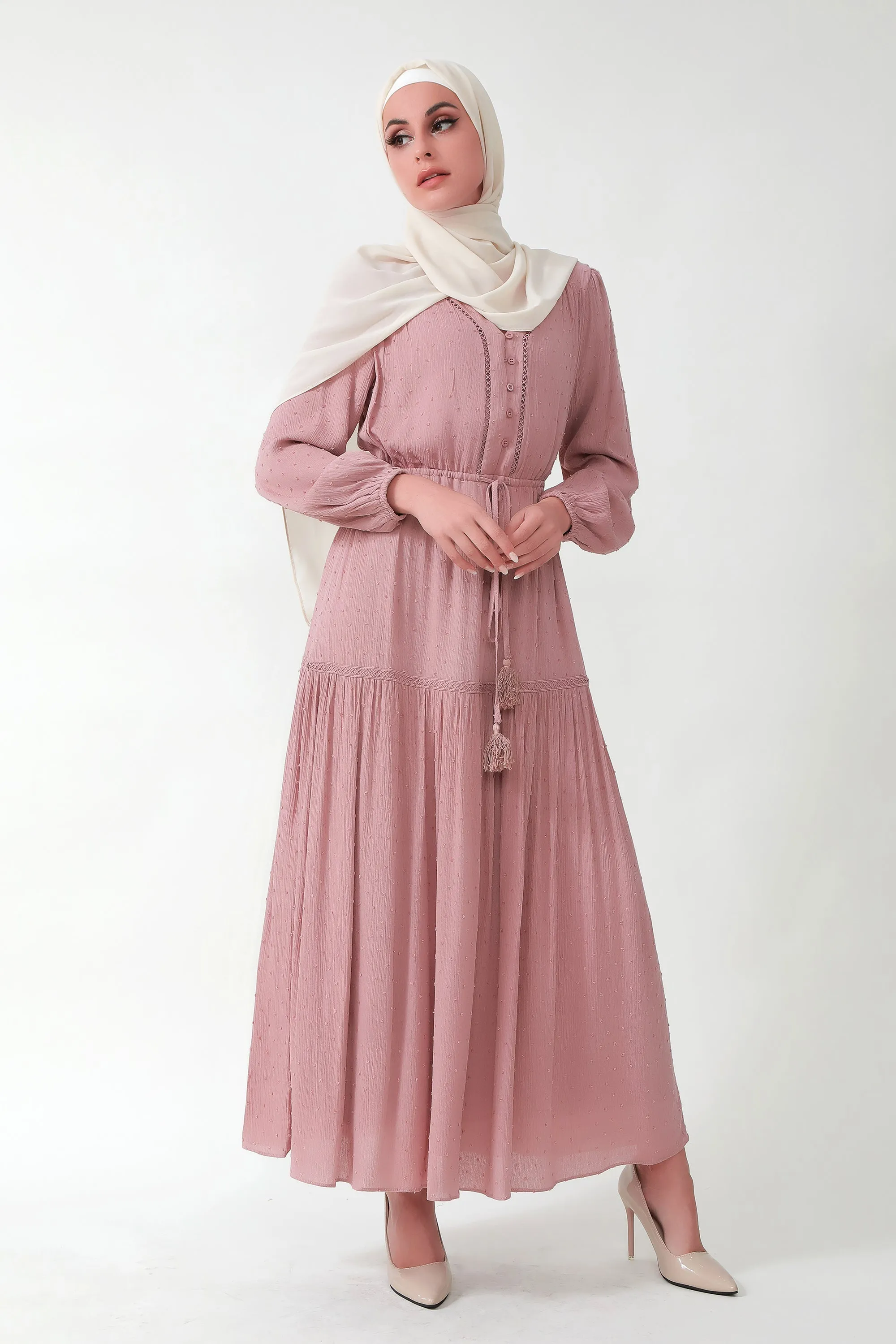 Dusty Pink Lace Tiered Boho Drawstring Long Sleeve Maxi Dress