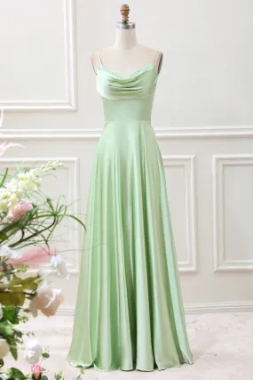 Dusty Sage A Line Cowl Neck Pleated Satin Maxi Dress