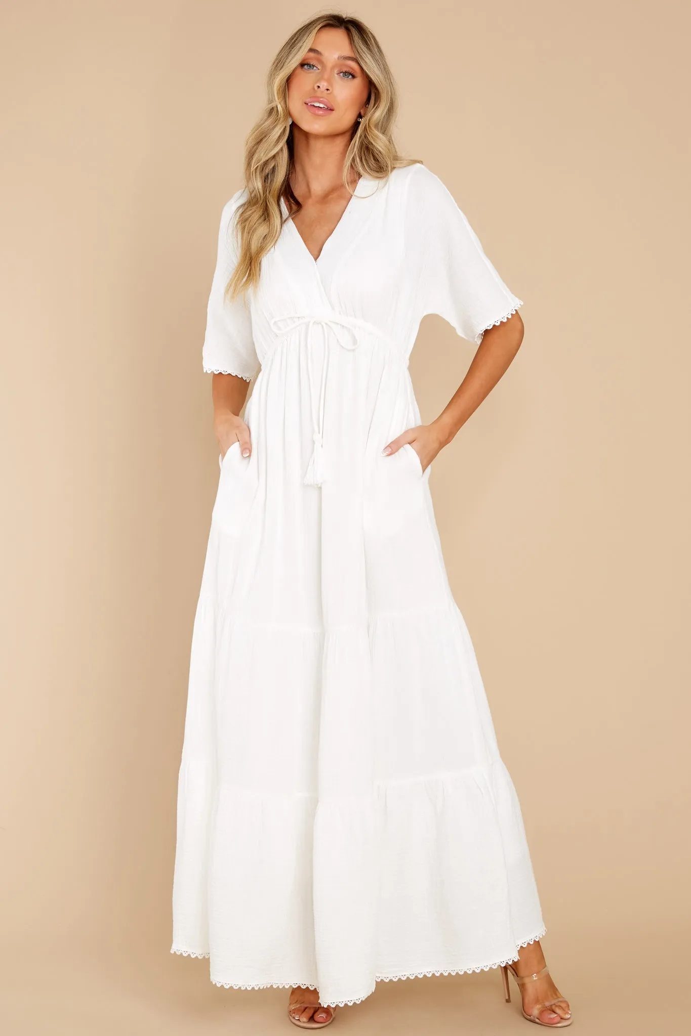 Emilia White Kimono Sleeve Maxi Tiered Dress