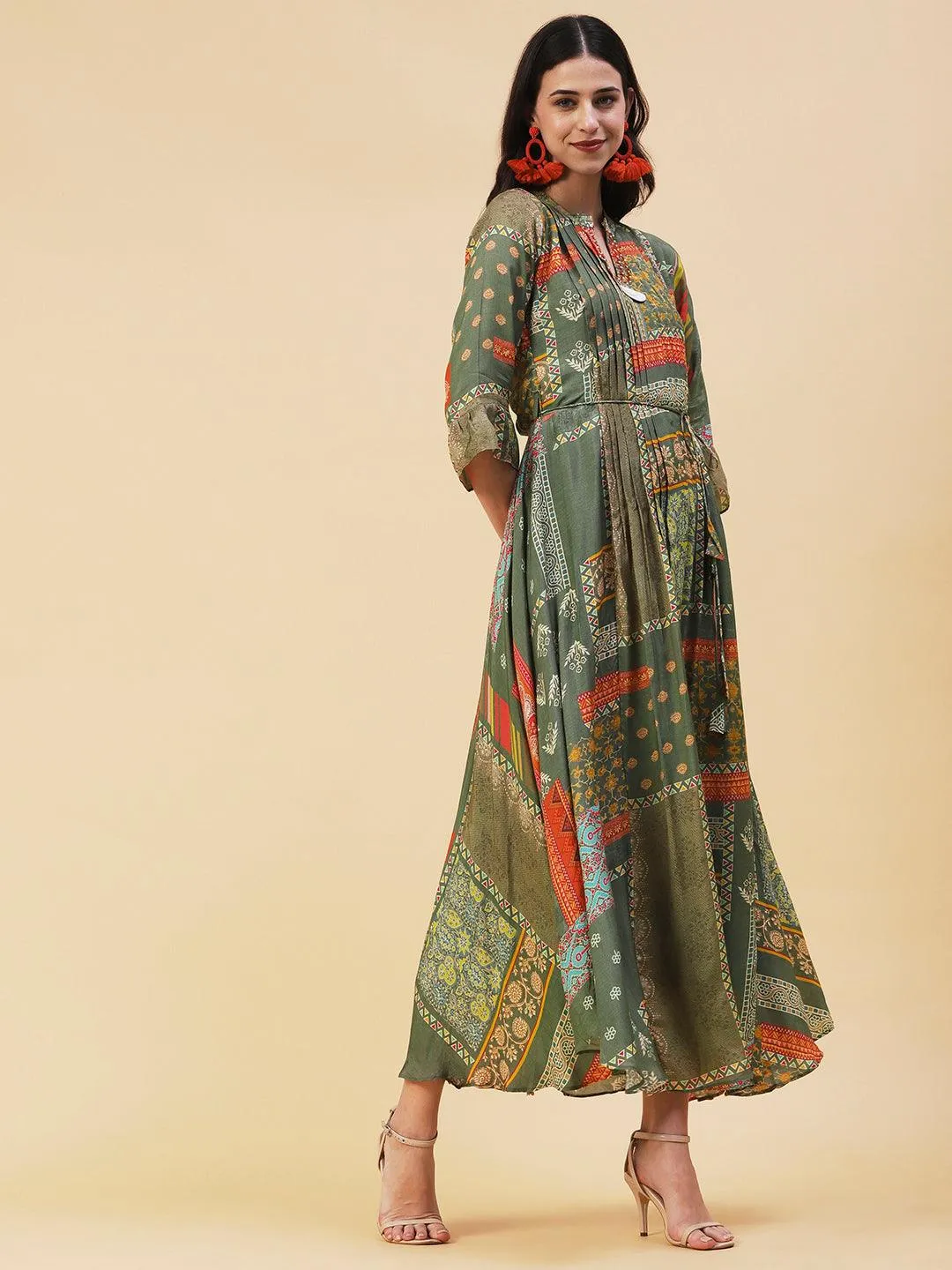 Ethnic Printed & Embroidered A-Line Maxi Dress - Green