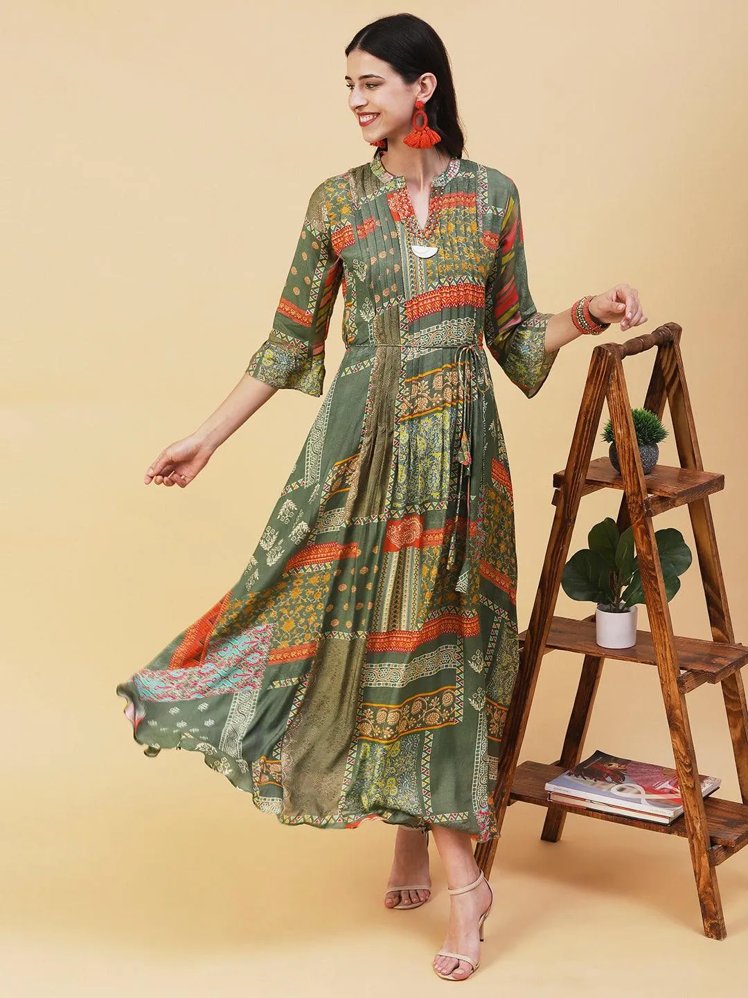 Ethnic Printed & Embroidered A-Line Maxi Dress - Green