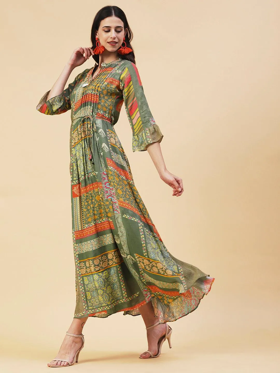 Ethnic Printed & Embroidered A-Line Maxi Dress - Green