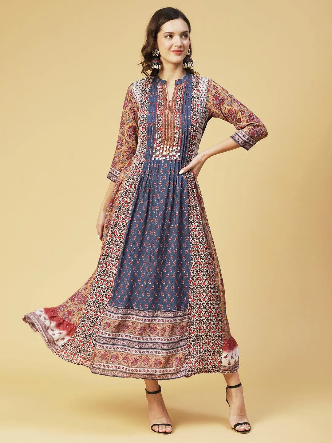 Ethnic Printed & Hand Embroidered A-Line Maxi Dress - Multi