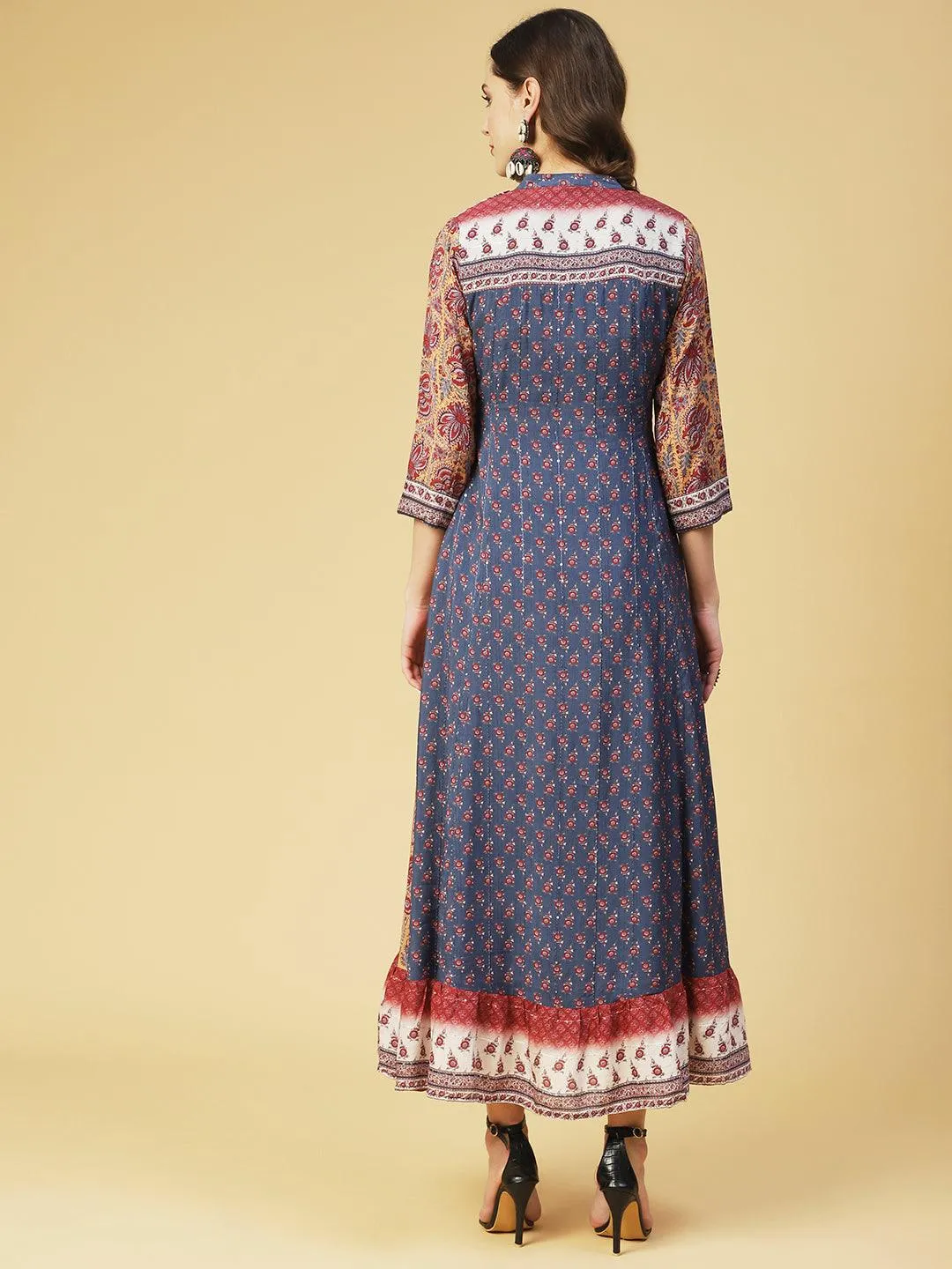 Ethnic Printed & Hand Embroidered A-Line Maxi Dress - Multi