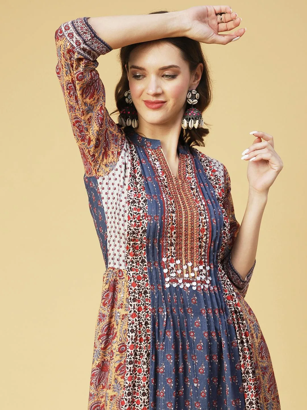 Ethnic Printed & Hand Embroidered A-Line Maxi Dress - Multi