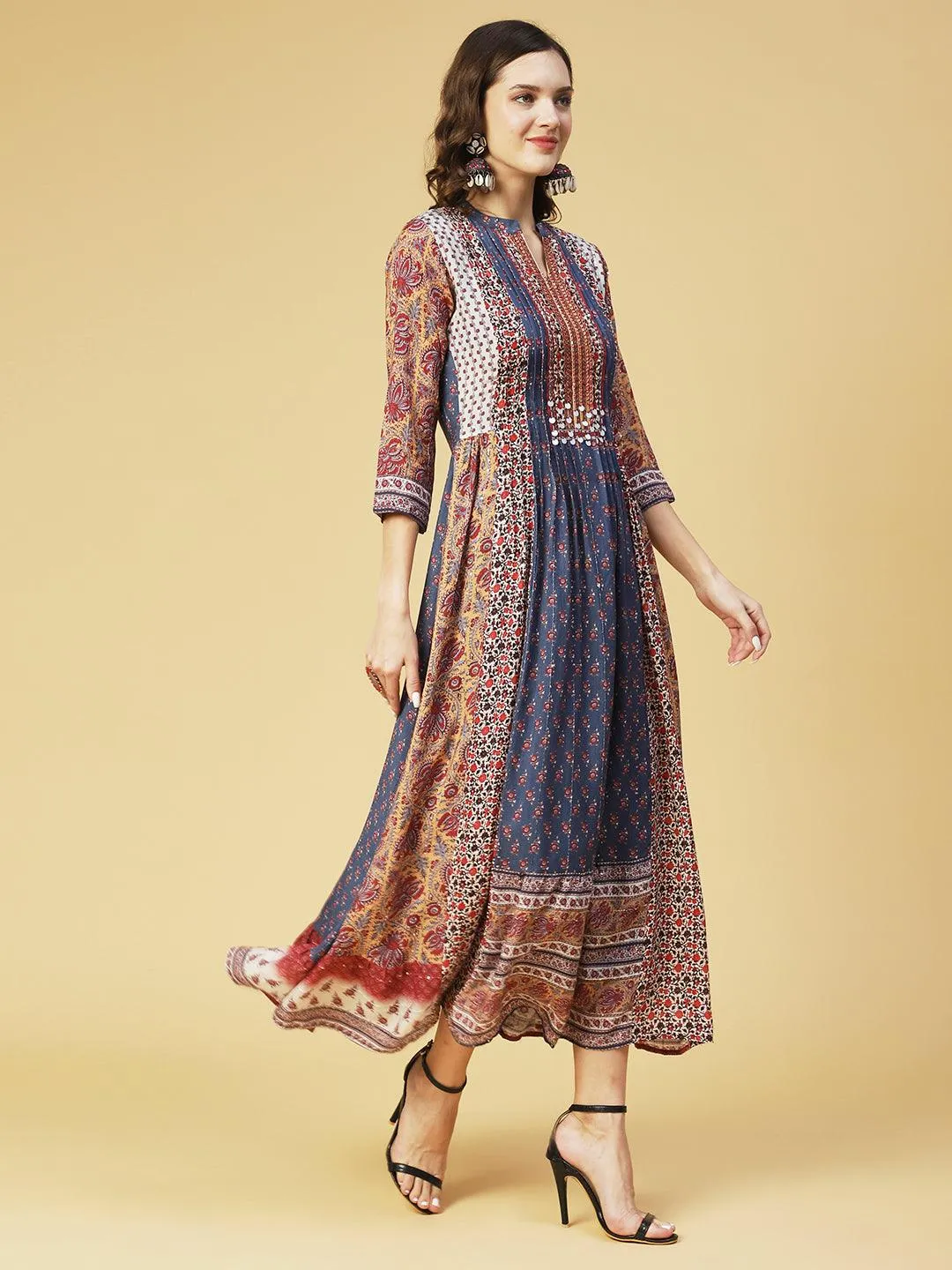 Ethnic Printed & Hand Embroidered A-Line Maxi Dress - Multi