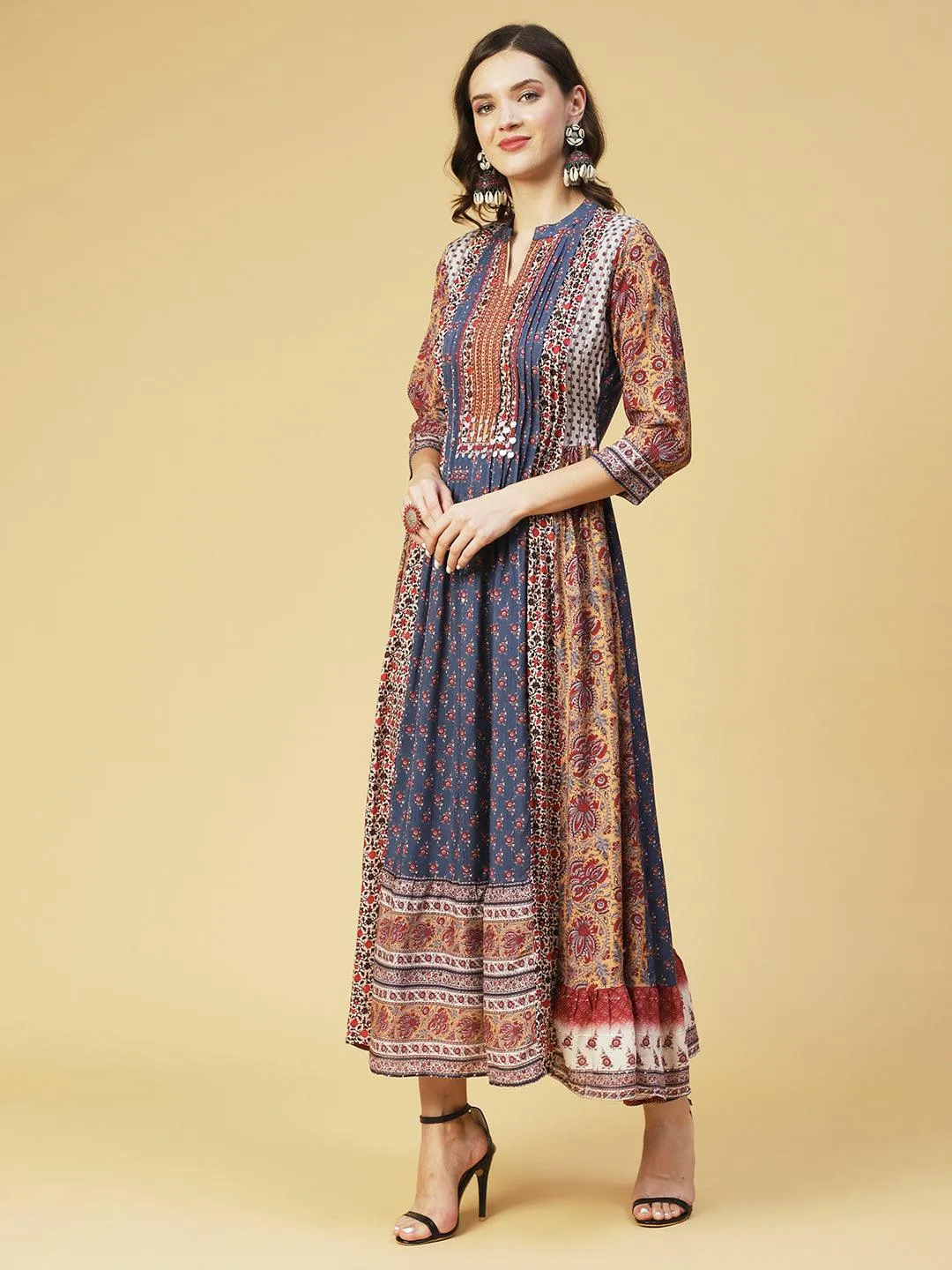 Ethnic Printed & Hand Embroidered A-Line Maxi Dress - Multi