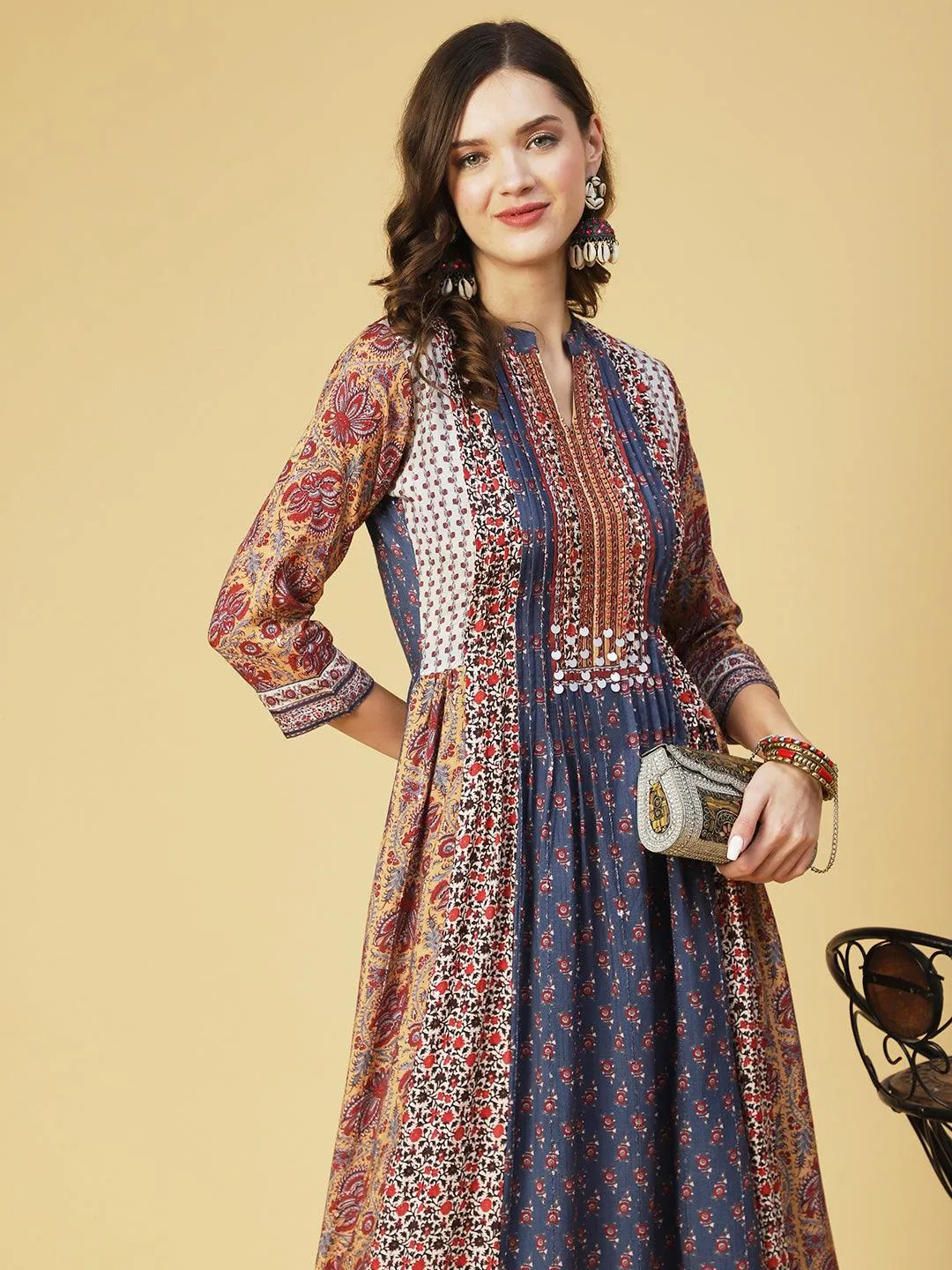 Ethnic Printed & Hand Embroidered A-Line Maxi Dress - Multi