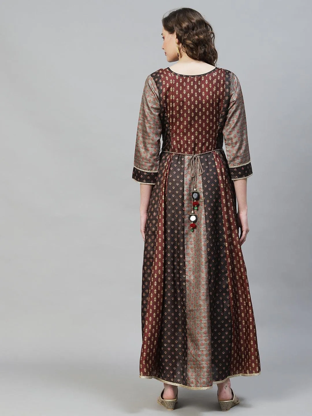 Ethnic Printed & Hand Embroidered Anarkali Flared Maxi Dress - Multi