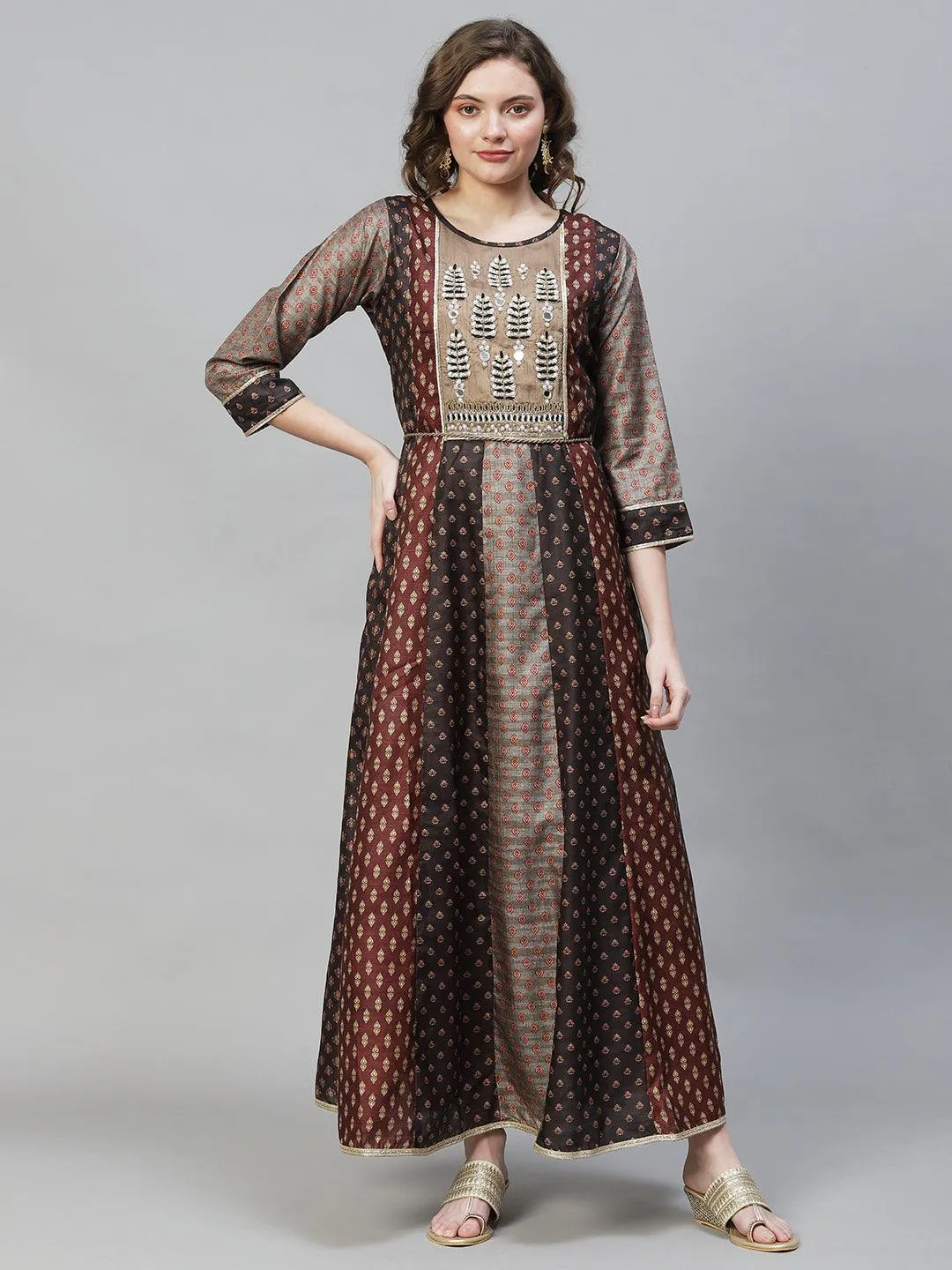 Ethnic Printed & Hand Embroidered Anarkali Flared Maxi Dress - Multi