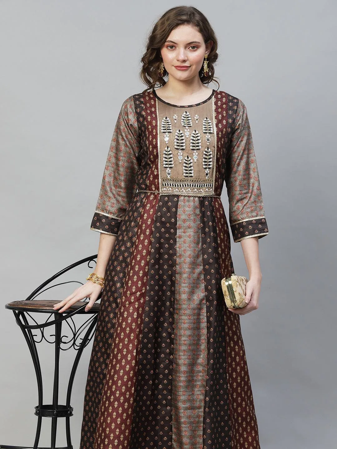 Ethnic Printed & Hand Embroidered Anarkali Flared Maxi Dress - Multi