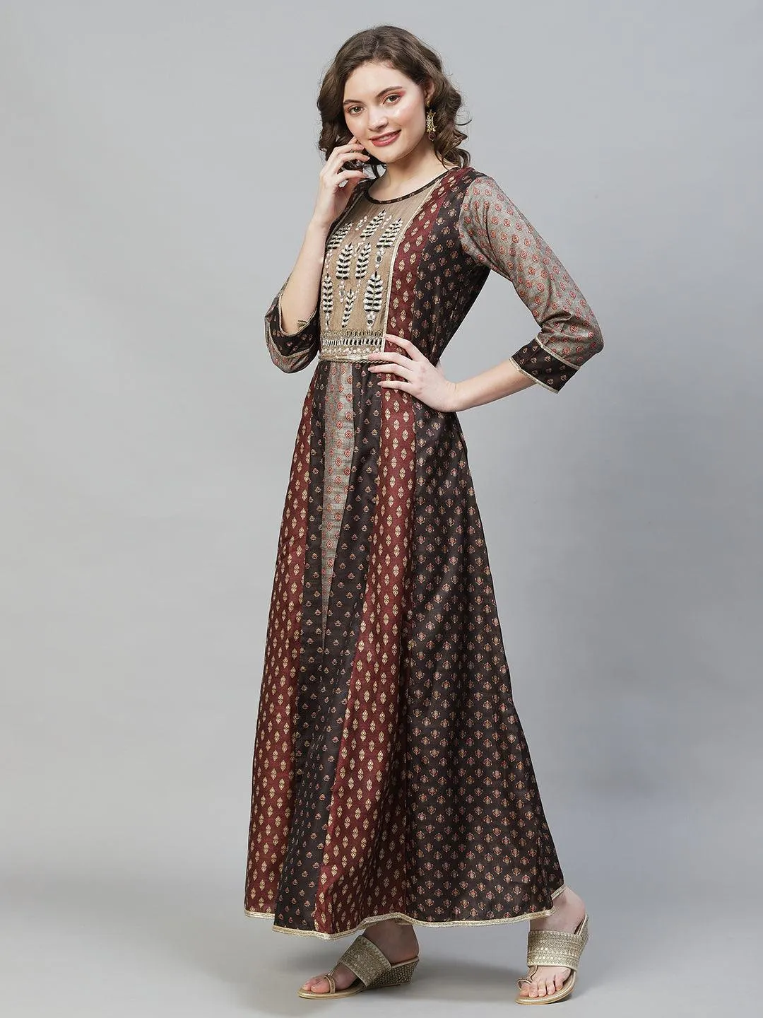 Ethnic Printed & Hand Embroidered Anarkali Flared Maxi Dress - Multi