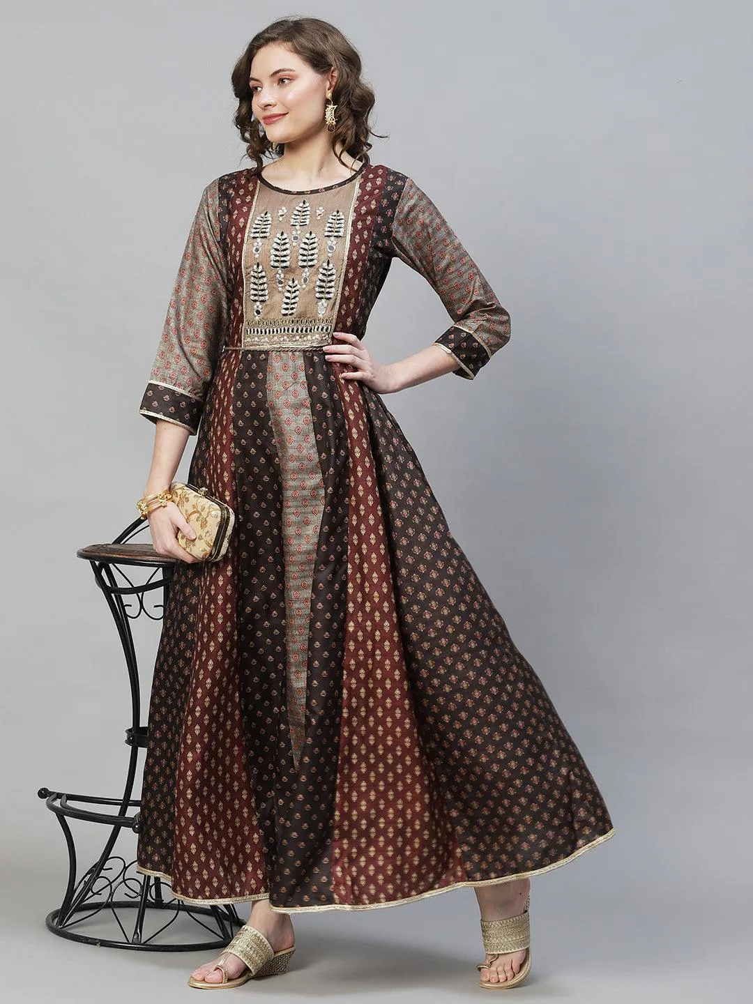 Ethnic Printed & Hand Embroidered Anarkali Flared Maxi Dress - Multi