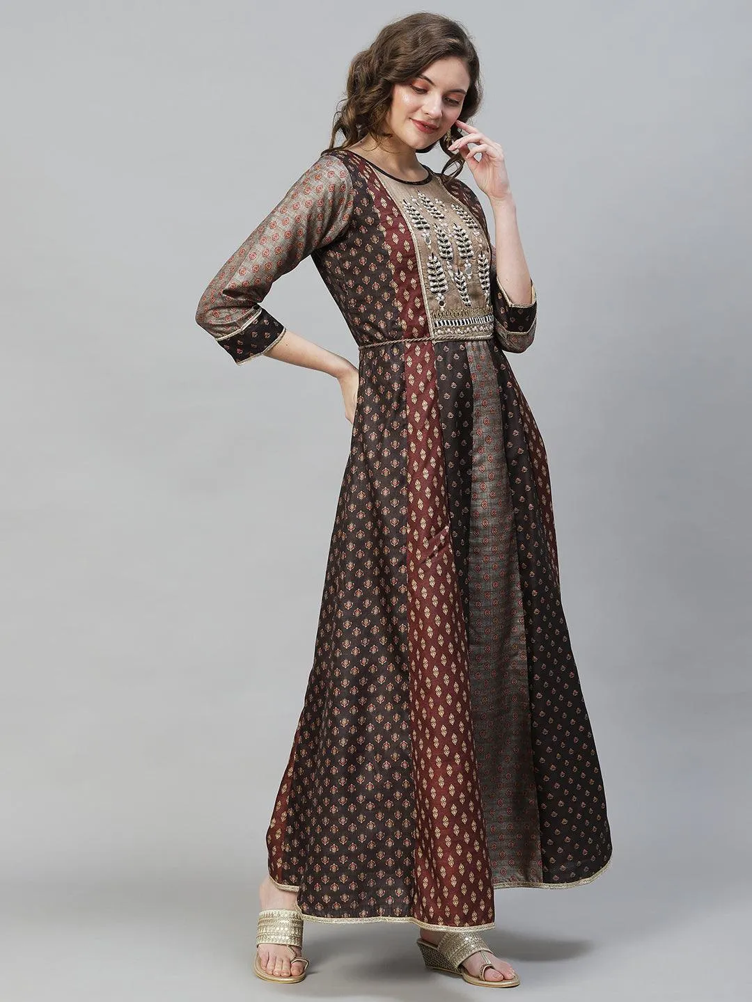 Ethnic Printed & Hand Embroidered Anarkali Flared Maxi Dress - Multi