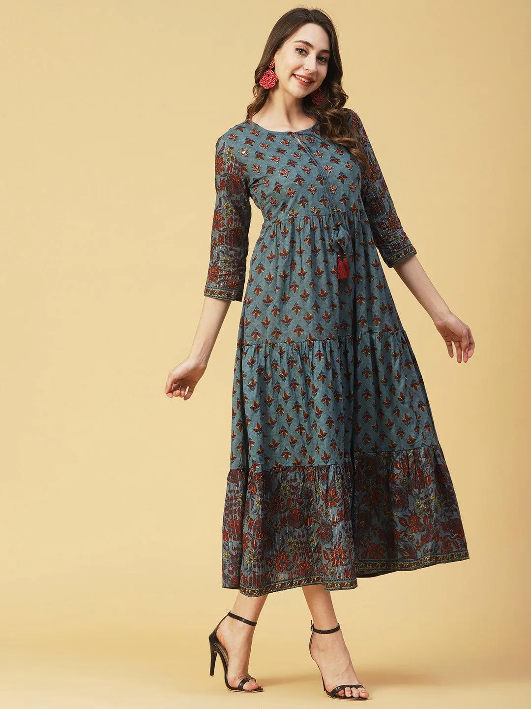 Floral Block Printed Mirror & Zari Embroidered Tiered Dress - Teal