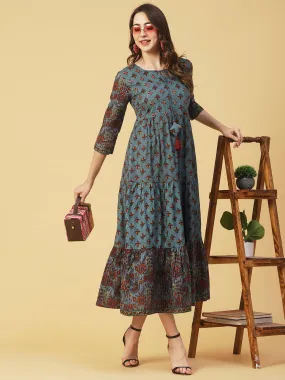 Floral Block Printed Mirror & Zari Embroidered Tiered Dress - Teal