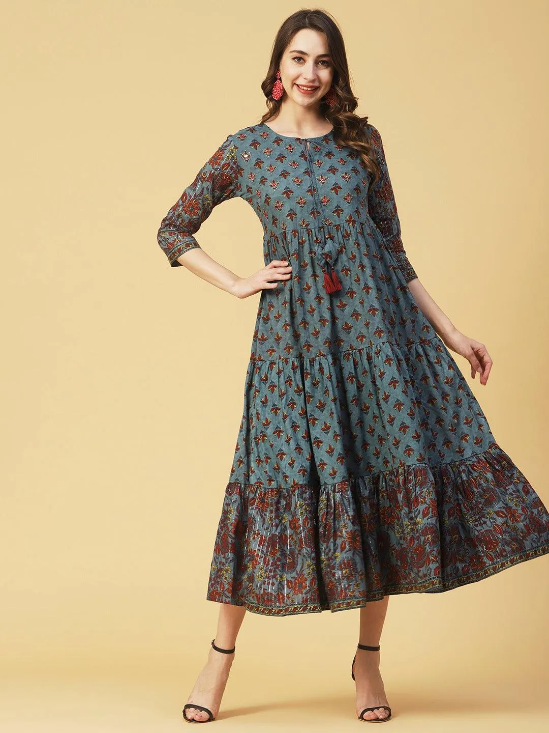 Floral Block Printed Mirror & Zari Embroidered Tiered Dress - Teal