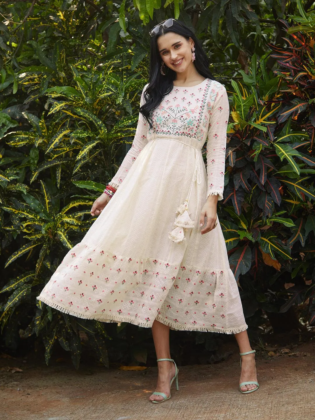 Floral Embroidered Anarkali Flared Maxi Dress - Off White