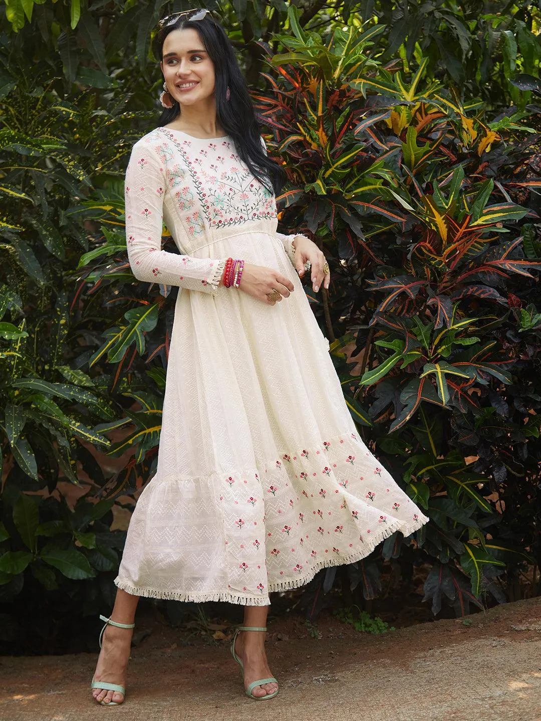 Floral Embroidered Anarkali Flared Maxi Dress - Off White