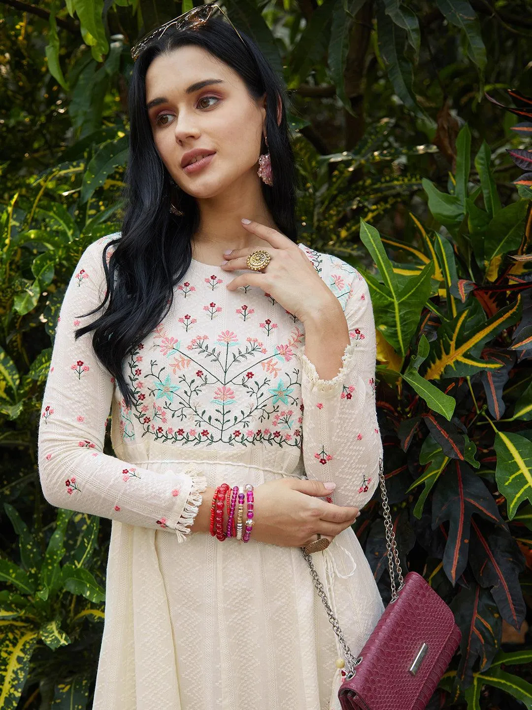 Floral Embroidered Anarkali Flared Maxi Dress - Off White