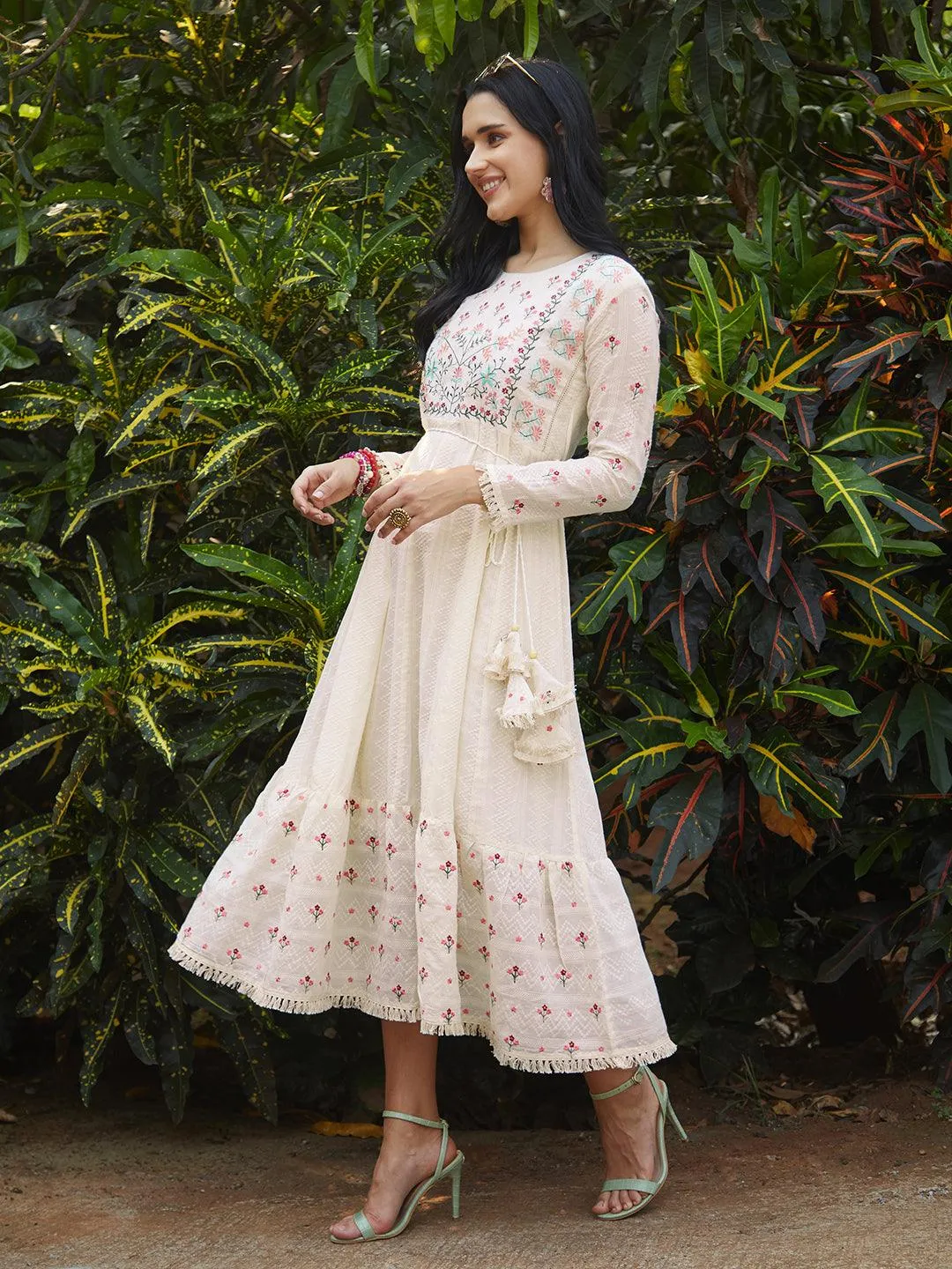 Floral Embroidered Anarkali Flared Maxi Dress - Off White