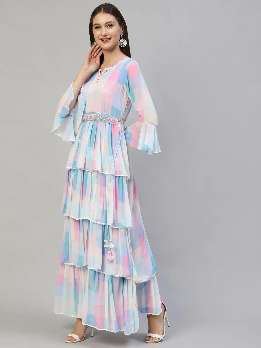 Floral Hand Embroidered & Printed Flared Maxi Dress with Belt - Multi