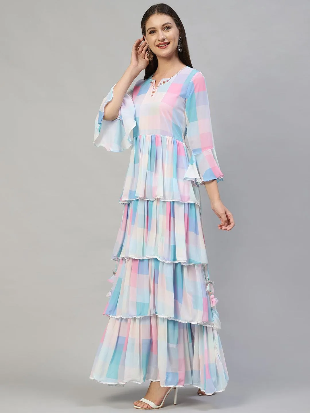 Floral Hand Embroidered & Printed Flared Maxi Dress with Belt - Multi