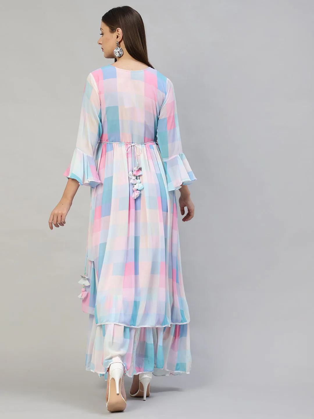 Floral Hand Embroidered & Printed Flared Maxi Dress with Belt - Multi