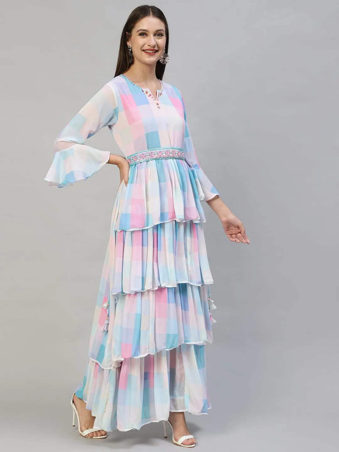 Floral Hand Embroidered & Printed Flared Maxi Dress with Belt - Multi