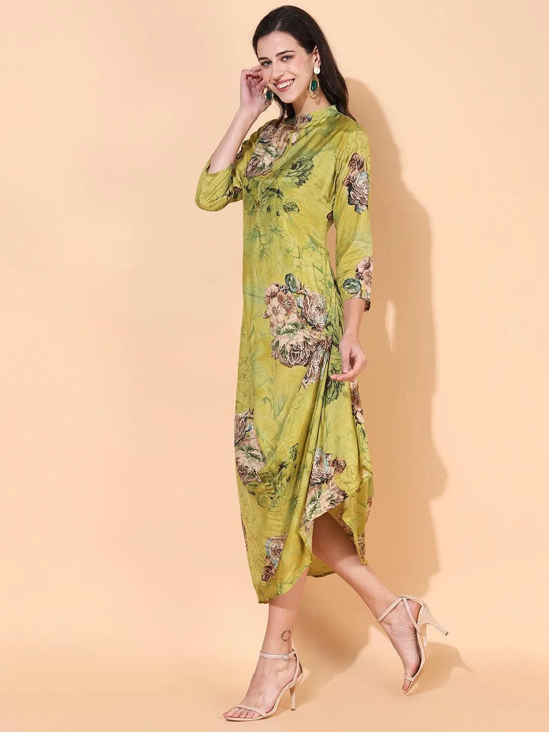 Floral Printed A-Line Cowl Maxi Dress - Pear Green